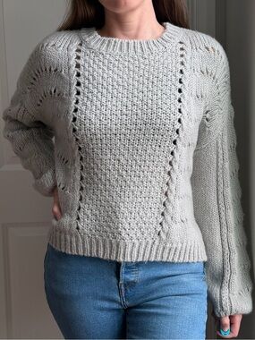 O&O Light Gray Crewneck Crochet Sweater